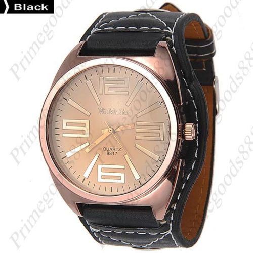 Large Wide PU Leather Wrist Analog Lady Ladies Quartz Wristwatch Women&#039;s Black