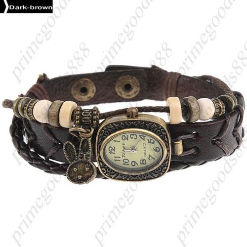 PU Leather Rabbit Quartz Wrist Wristwatch Free Shipping Women&#039;s Dark Brown