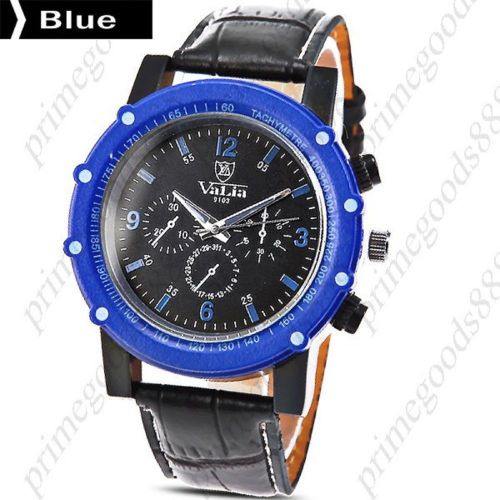 PU Leather 3 False Sub Dials Quartz Wrist Men&#039;s Wristwatch Blue