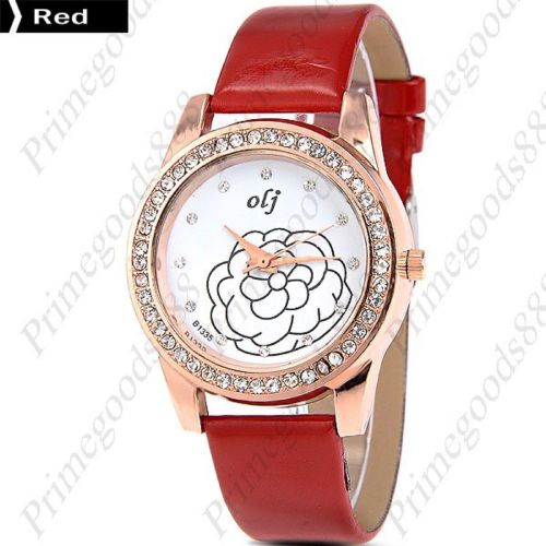 Round Rhinestones PU Leather Analog Quartz Wrist Wristwatch Women&#039;s Red