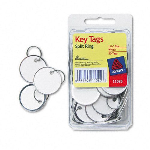 Avery  Metal Rim Key Tags, Card Stock/Metal, 1-1/4&#034; Diameter, White, 50/Pack, PK