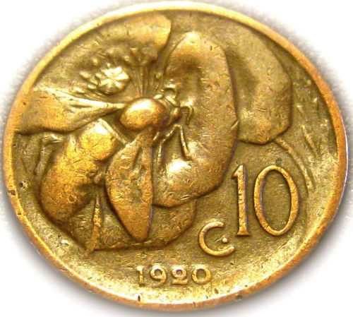 Honeybee Coin - Italy - Italian 1920R 10 Centesimi Coin - Great Coin - RARE