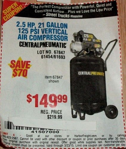 2.5 hp, 21 gallon 125 psi vertical air compressor &#034;coupon only&#034; for sale