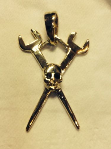 10 karat yellow gold crossed spud wrenches pendant with skull for sale