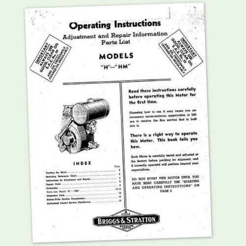 BRIGGS AND STRATTON MODEL H HM ENGINE OWNERS OPERATOR REPAIR SERVICE MANUAL &amp;
