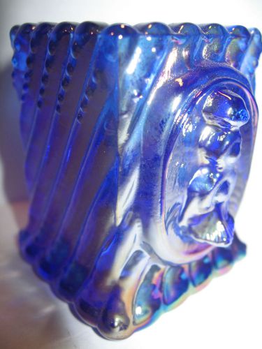 Cobalt blue carnival glass toothpick match holder train engine rr iridescent art for sale