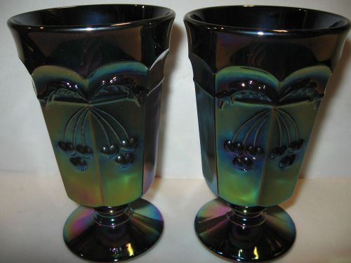 pair of purple carnival glass cherry tumblers / cups goblets iridescent amethyst