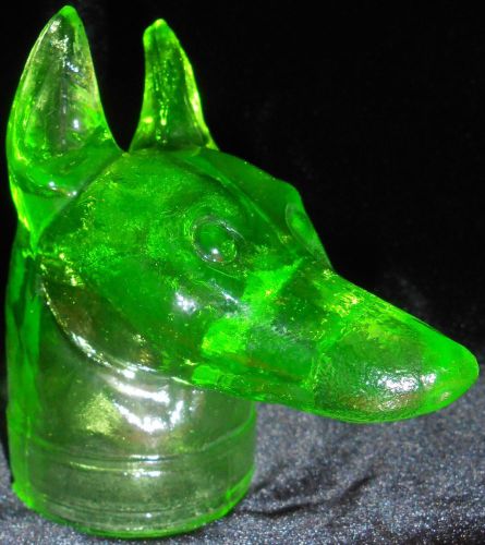 Green Vaseline glass Doberman pinscher uranium yellow candy container watch dog