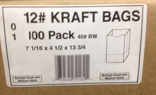 12# Brown Kraft Paper Bags, Size 7-1/16 x 4-1/2 x 13-3/4 100ct    Free Shipping