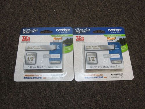 Lot 2 - Brother P-Touch Gold Print on Satin Silver Tape TZeMQ934  1/2&#034; TZ Tape
