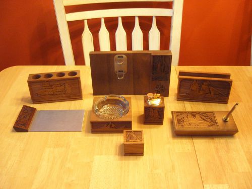 1977 Vintage Wood Desk Set Lasercraft Walnut Laser Cut Clipper Ship Nautical Set