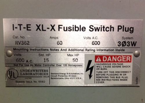ITE fusible switch plug. 60amps/600V, 3PH/3W