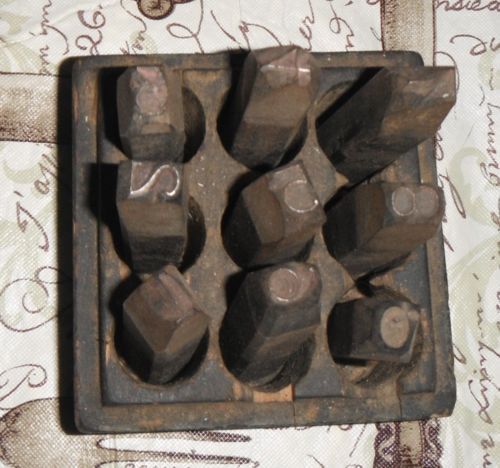 Set of Old NUMBER PUNCHES w Wooden Storage Box