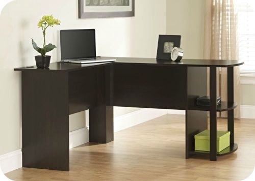 Cherry Wood L-Shaped Office Desk - Corner shelves - Student, Executive Furniture