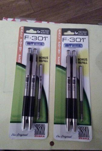 NEW Set of 4 Zebra F 301 Steel Fine Point Black Ball Point Pens + 2 REFILLS!!