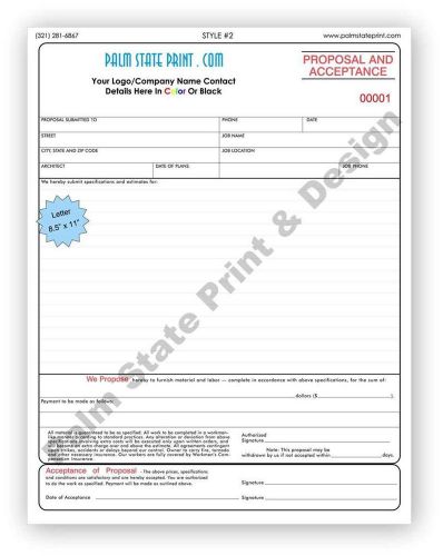 Proposal and Acceptance Contractor Forms Carbonless Copy Book 3 Part Sets 8.5x11