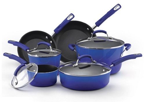 Blue nonstick pots and pans 10 piece cookware set oven safe sturdy glass lids for sale