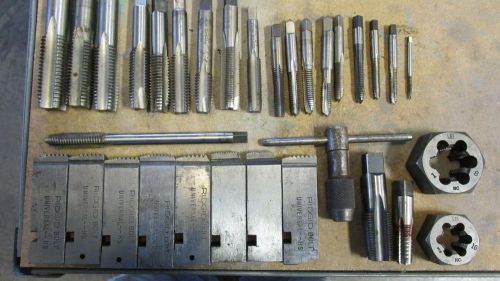MIXED LOT OF 32 PIECES TAPS AND DIES AND STARRETT TAP WRENCH
