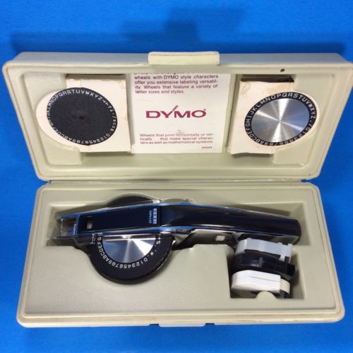 Vintage dymo 1550 deluxe tapewriter kit 3 colored tapes 3 embossing wheels for sale