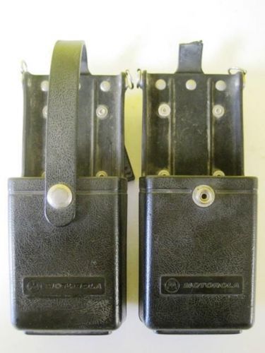 Lot of 2 Motorola Hard Rubber Radio Case Holder w/Leather Belt Swivel Clip Mount
