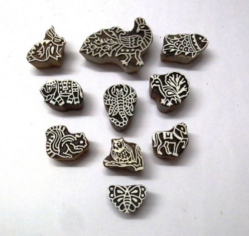SET OF 10 INDIAN WOODEN TEXTILE CLAY FABRIC BLOCK ANIMAL STAMPS GIFT FOR KIDS