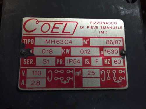 COEL MH63C4 110-115V 0.18Hp 1630 Rpm 60 Hz MOTOR MH63C4