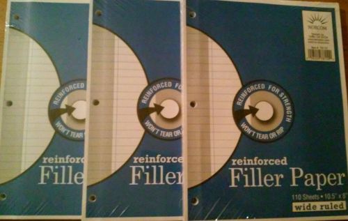 3 Packs Filler Paper  Wide Ruled  Reinforced  100 Sheets Each White Paper