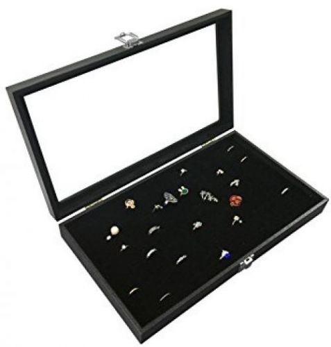 Womens Jewelry Display Case with Glass Top and Latch 72 Slot Ring Tray Black
