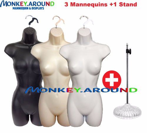 3 MANNEQUIN FEMALE DRESS TORSO BODY WOMEN FORM 3 HANGER 1 STAND DISPLAY CLOTHING
