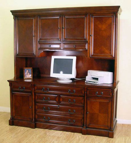 Cherry traditional office computer credenza/armoire with file hutch for sale