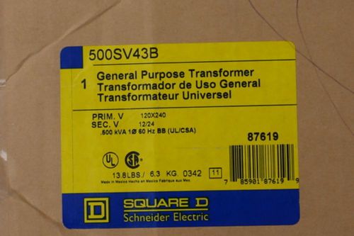Square D General Purpose Transformer Cat. No. 250SV43B Phase 1