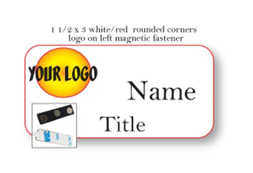 1 WHITE RED NAME BADGE COLOR LOGO ON LEFT 2 LINES OF IMPRINT MAGNET FASTENER