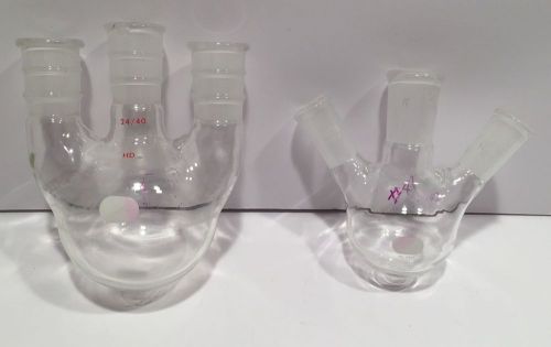 Pair of vertical 3-neck round bottom boiling flask ~ ace 250 ml &amp; pyrex 100 ml for sale