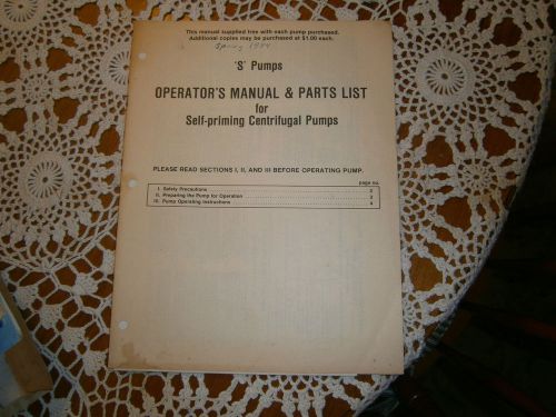 VINTAGE 1980&#039;S S PUMPS OPERATOR&#039;S MANUAL PTS LIST SELF PRIMING CENTRIFUGAL PACER