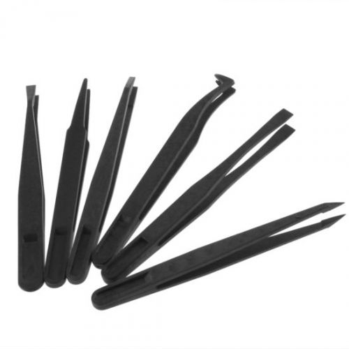 6pcs Black Anti-static Plastic Tweezer Heat Resistant Tool Straight Bend 2Y