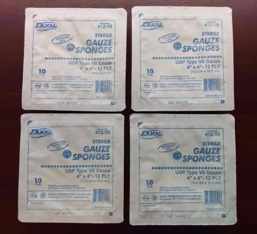 Dukal gauze sponge sterile 4&#034;x4&#034; 12-ply #412-10 new/sealed lot of 4 trays for sale