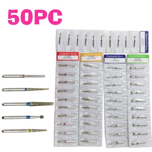 50 Dental Diamond Burs FG1.6MM high speed handpiece Stalk f polishing smoothing