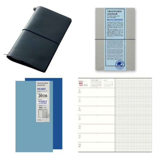 Midori Traveler&#039;s Notebook Blue Edition Cover &amp; Weekly Diary 2 Set F/S Xmas Gift