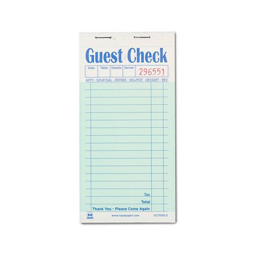 Royal green guest check paper, carbonless, 2 part booked, case of 50 books for sale