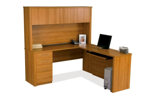Premium l-shaped corner office desk with hutch in cappuccino cherry for sale