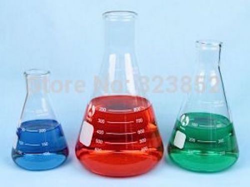 Glass Erlenmeyer Flask Conical Flask Borosilicate Set of 3- 100, 250 &amp; 500ml  