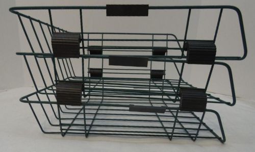 VINTAGE GREEN WIRE DESKTOP THREE TIER FILE TRAYS IN AND OUT BOXES