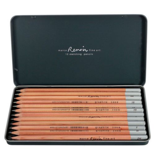 New Marco Renoir Fine Art 12 Pieces Sketching Writing Non-toxic Pencils Tin Set
