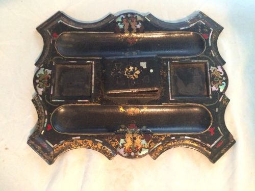 Antique Paper Mach Black Desk Tray Ink Well Organizer Mother of Pearl Inlay