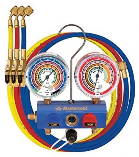 Mastercool (59661) blue r410a, r22, r404a 2-way manifold set with 3-1/8 gauges for sale