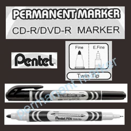 5x Pentel BLACK Twin Tip Permanent Marker DVD CD Glass Wood Metal Plastic N65W