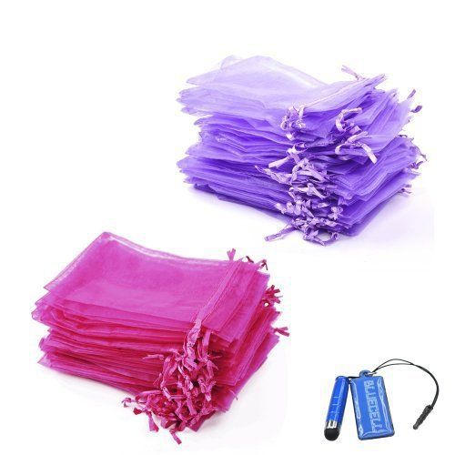 Bluecell Pack of 50 Hot Pink+Pack of 50 Purple color Organza Drawstring Gift Bag