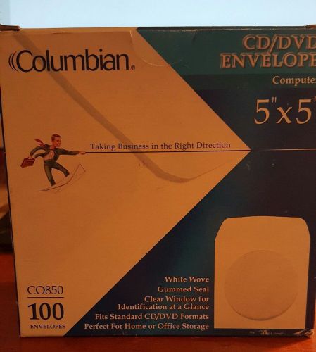 Columbian cd/dvd envelopes 5&#034;x5&#034; white wove gummed seal 100 in box for sale