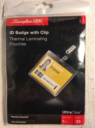 SWINGLINE GBC 25 PACK ID BADGE WITH CLIP ~ THERMAL LAMINATING POUCHES ~ 5 MIL