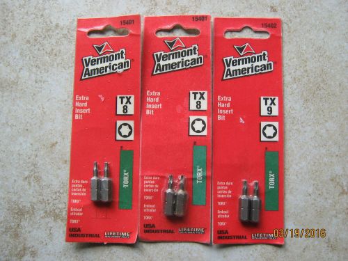 New Lot of 3 Vermont American TORX Screwdriver Insert Bits TX8  TX9 15401 15402